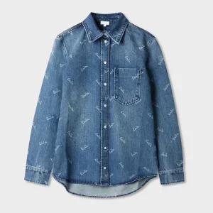Lala Berlin Demin Shirt Printed Logo Washed Blue